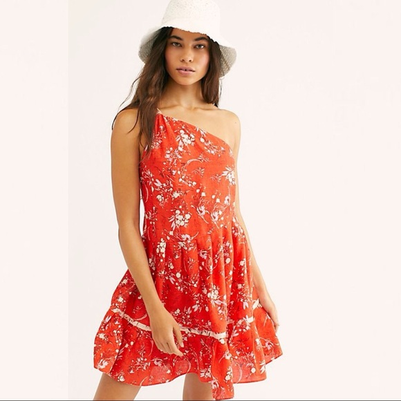 Free People Dresses & Skirts - Free People One Shoulder Linen Floral Mini Dress Red Boho
